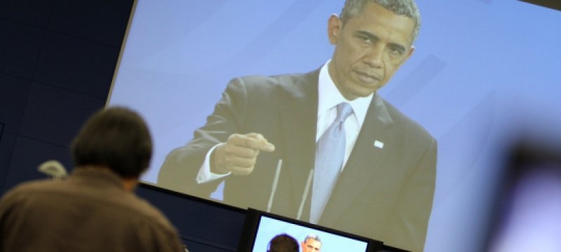 Barack Obama auf einer Videowand im Bundespresseamt in Berlin
