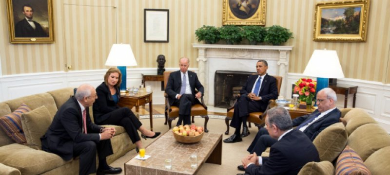 Nahost-Gespräche am 30.07.2013 in Washington: Molho, Livni, Biden, Obama,Erekat, Shtayyeh v.l.n.r